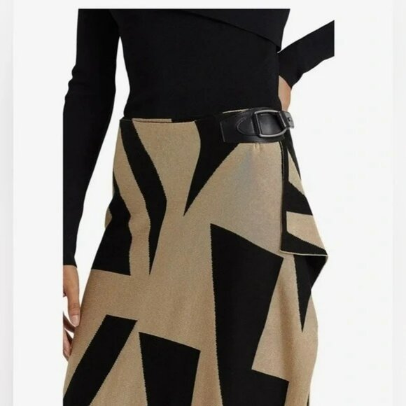 Lauren Ralph Lauren Womens Geometric Asymmetrical Midi Skirt Sz M Black & Tan - Picture 5 of 9